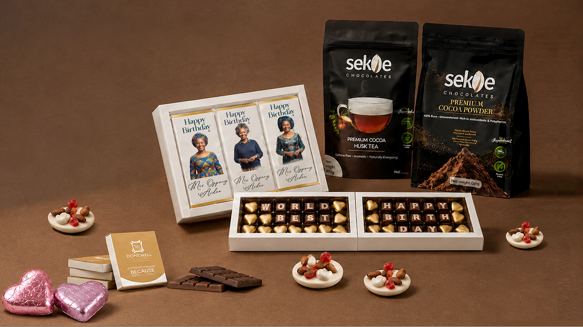 Sekoe Chocolates product lineup including cocoa powder and husk tea