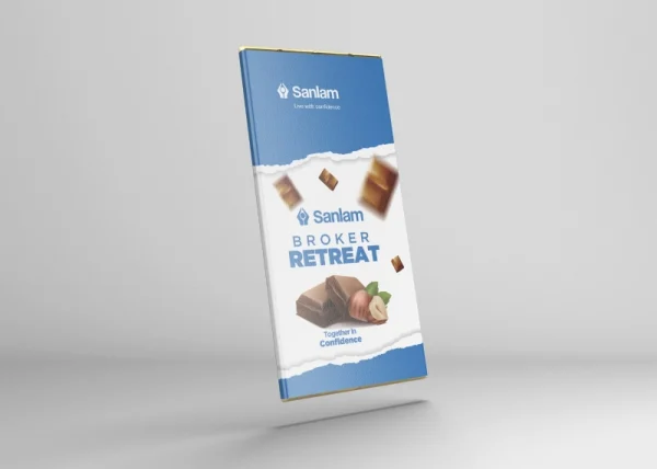 Sanlam Broker Retreat promotional image featuring a chocolate bar design, blue and white color scheme, and the tagline "Together in Confidence" with the Sanlam logo